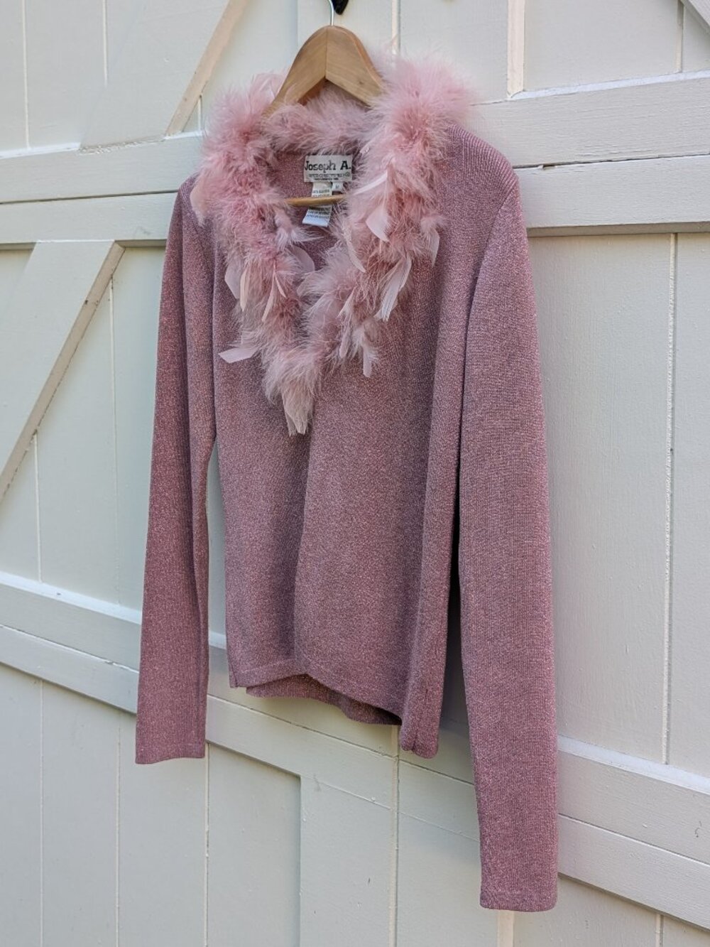 Vintage Joseph A. Pink Metallic Silk Feather Collar V Neck Sweater M